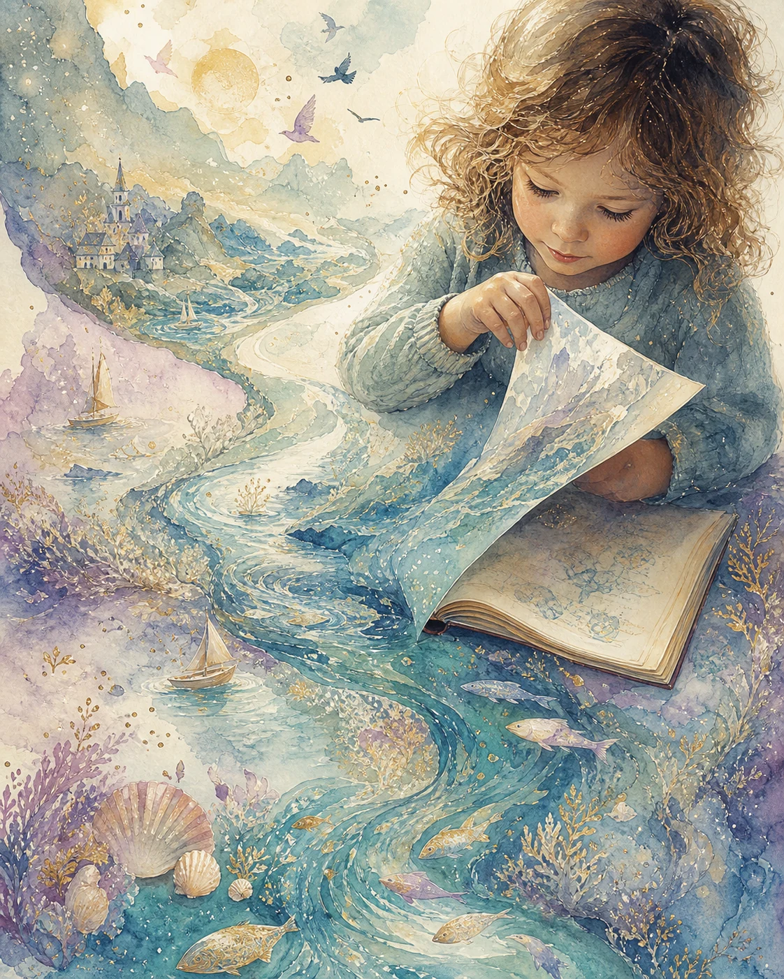 Rising Pisces child editorial illustration