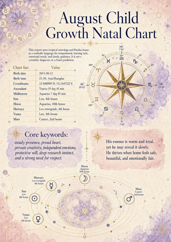 Sample report page showing a birth chart