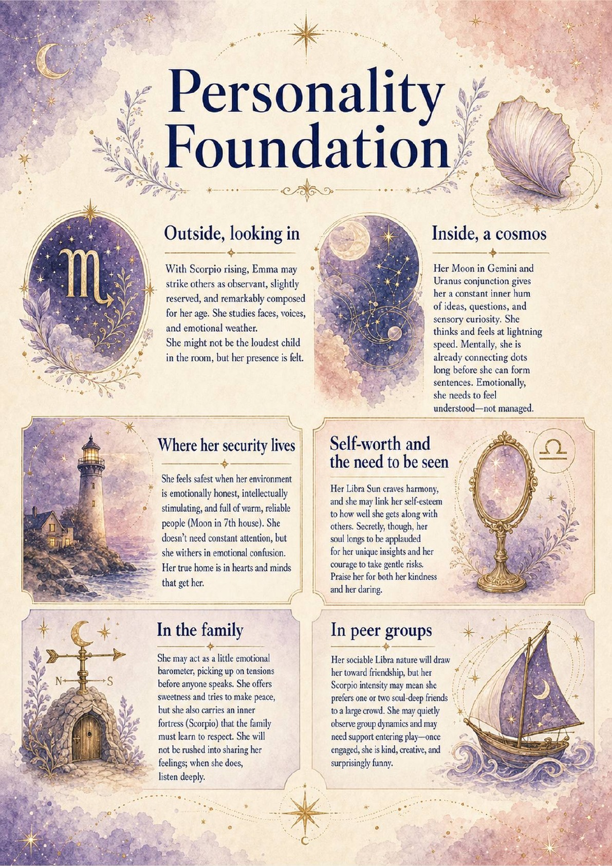 Ages 0–6 sample report page about personality, emotional security, and self-worth