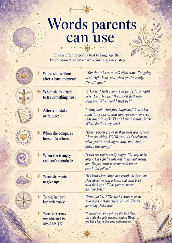 Ages 0–6 sample report page with practical phrases parents can use