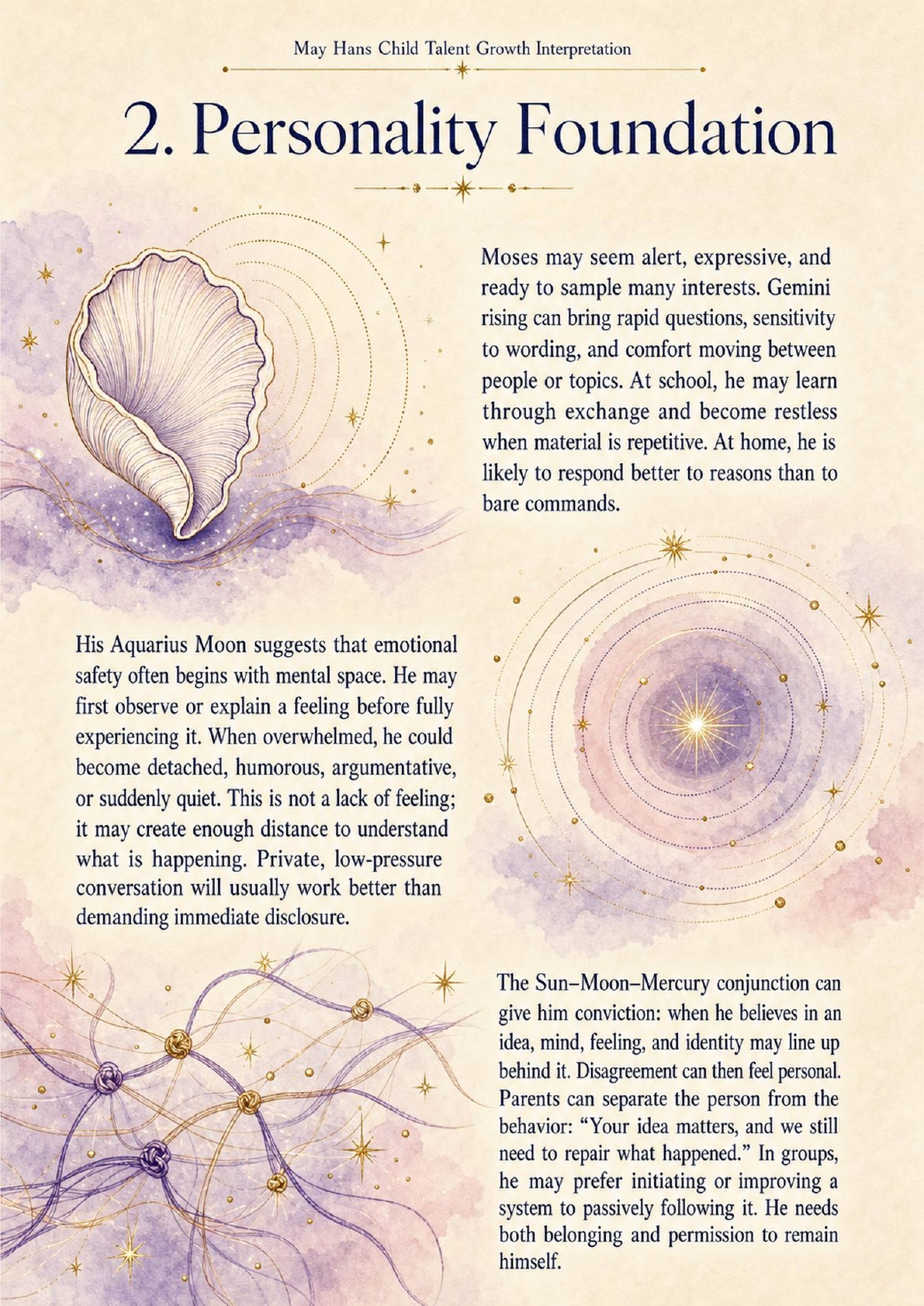 Ages 13–18 sample report page about personality foundation and emotional processing