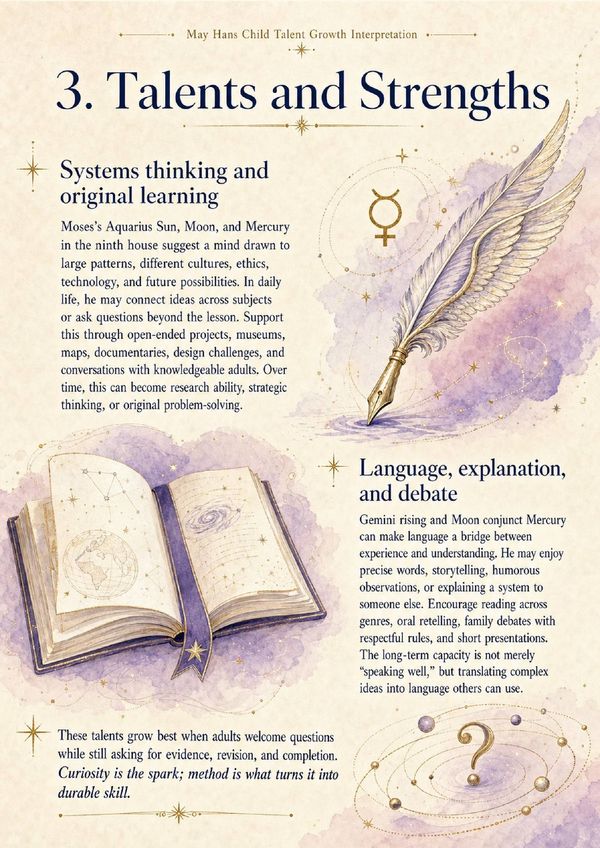 Ages 13–18 sample report page about talents, strengths, and emerging direction
