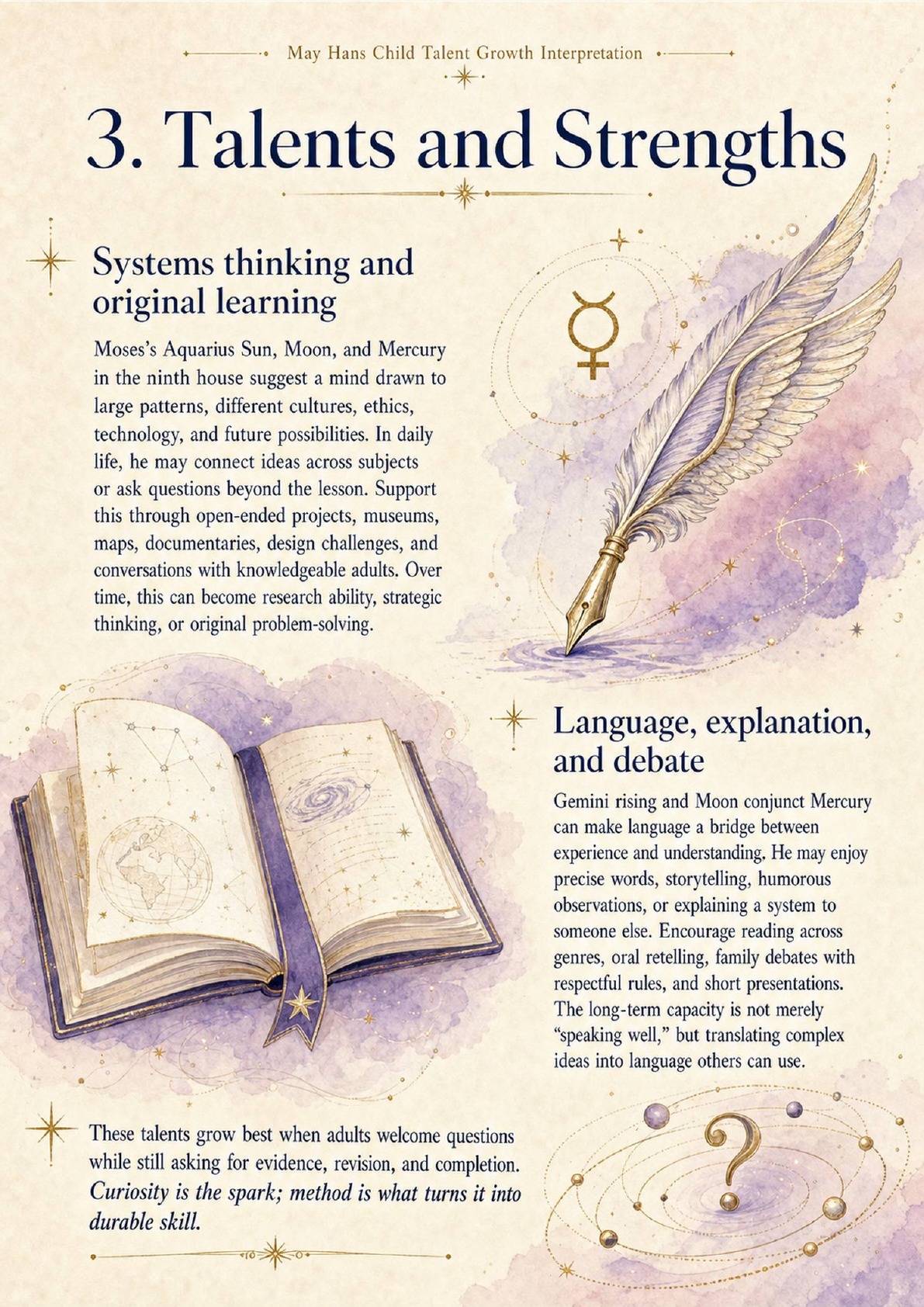 Ages 13–18 sample report page about talents, strengths, and emerging direction