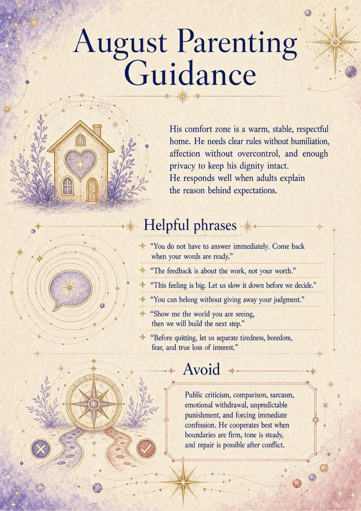 Ages 7–12 sample report page with parenting guidance and helpful phrases
